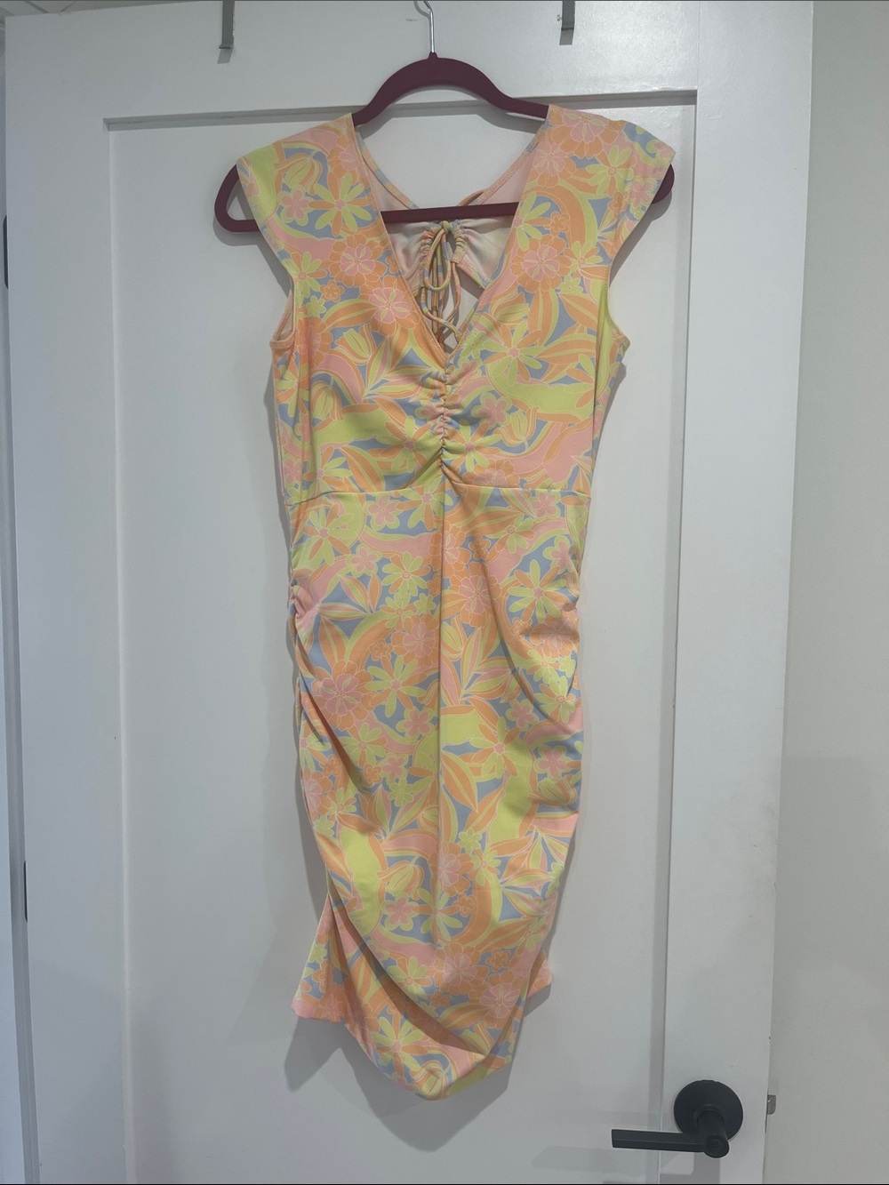 Nicole Miller Pastel Floral Lace-Up V-Neck Midi Dress in Peach and Yellow
